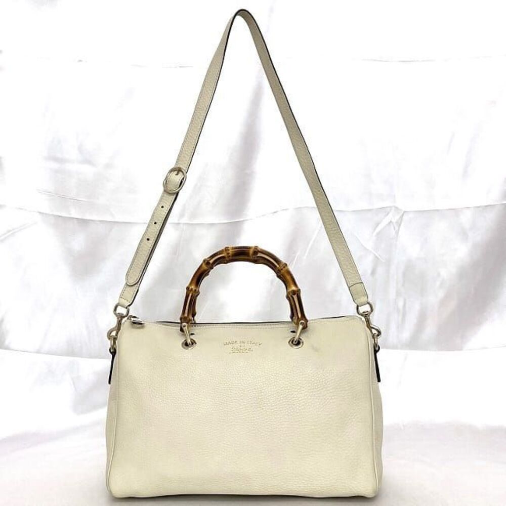 Gucci Business Shoulder Handbag White Bamboo Bag Boston Leather Zipper